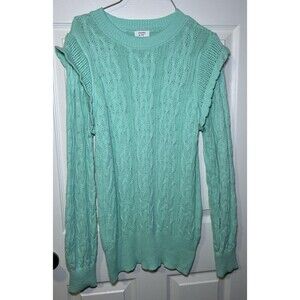 Crown & Ivy Women Long Sleeve Ruffle Shoulder Cable Knit Sweater Mint Green SZ L